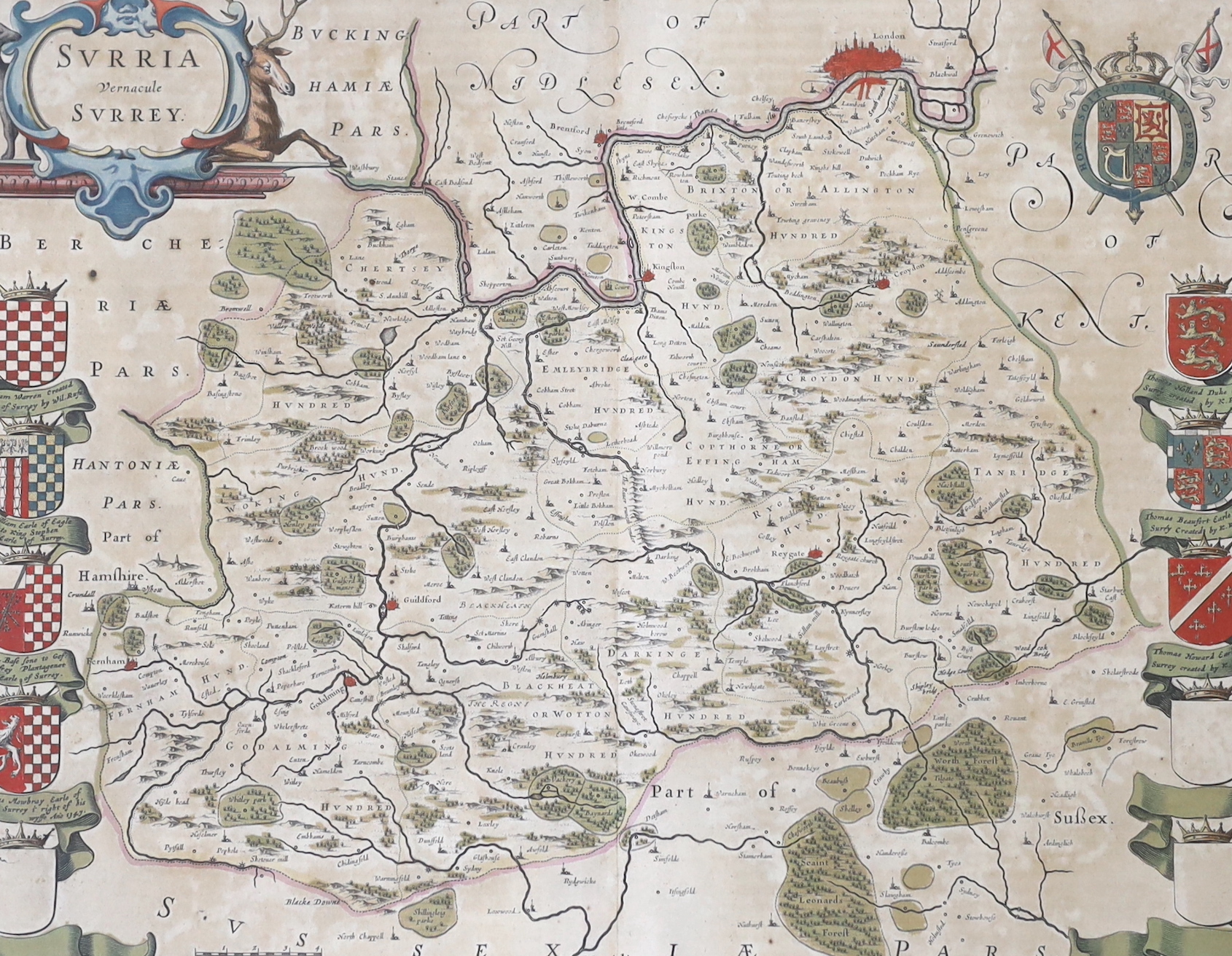 After Johannes Blaeu (Dutch, 1596-1673), hand coloured engraved map ‘’Surria vernacule Surrey’’, text verso, 38 x 48.5cm